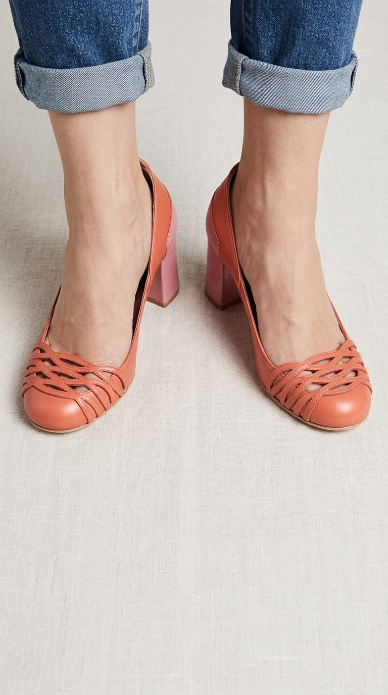 Woven Cutout Round Toe Pump Coral Chunky Heels [Pre Order]