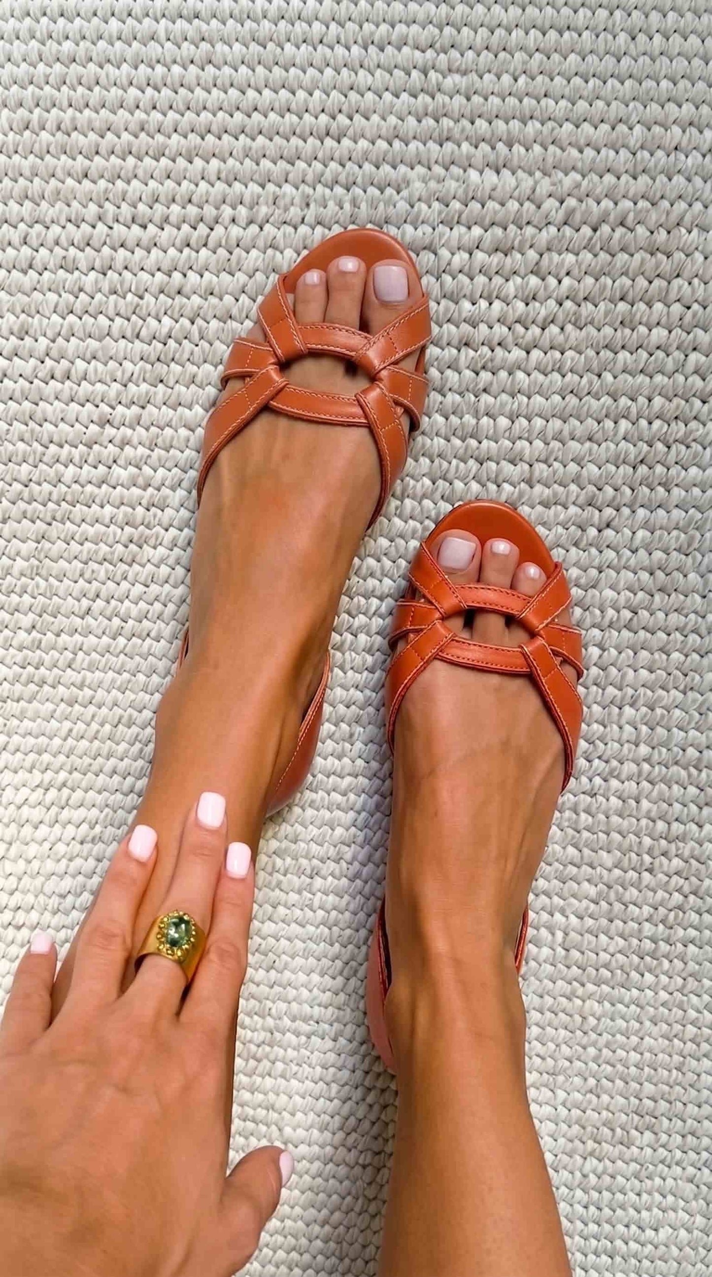 Strappy Cutout Open Toe Slingback Cognac Flat Sandals [Pre Order]