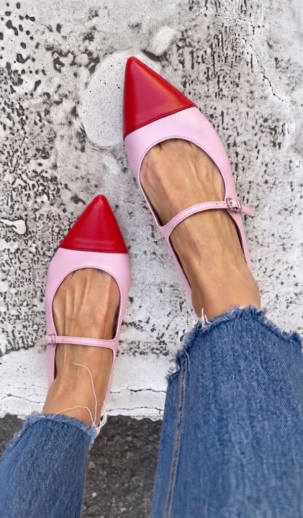 Two Tone Pointed Toe Mary Jane Pink Flats [Pre Order]