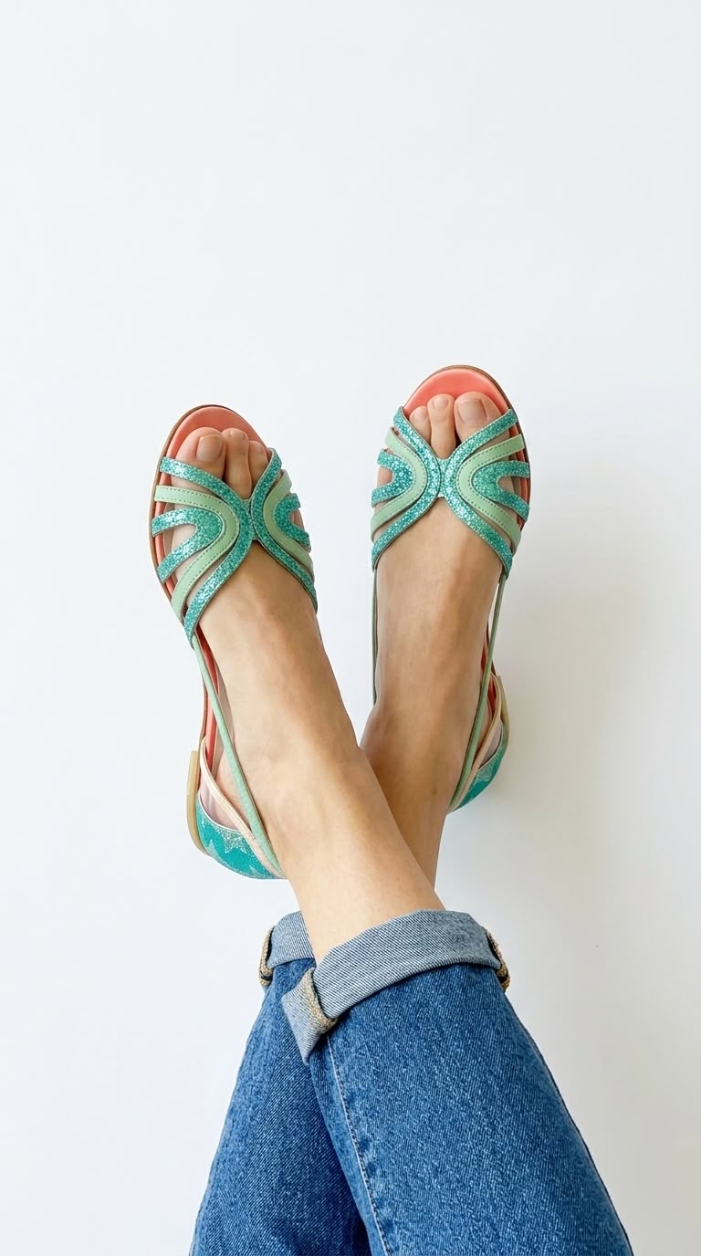 Glitter Cutout Open Toe Slingback Mint Flat Sandals [Pre Order]