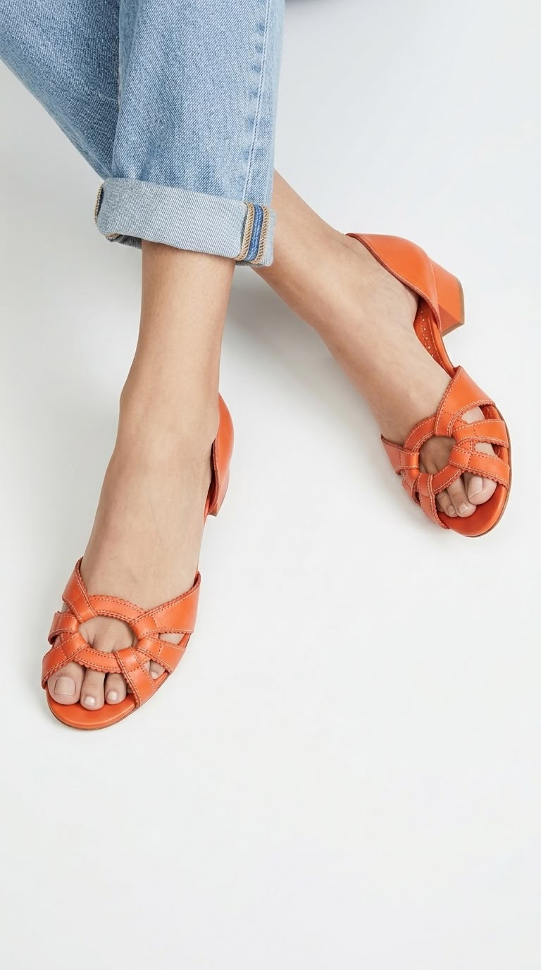 Woven Leather Open Toe D'Orsay Orange Block Heels [Pre Order]