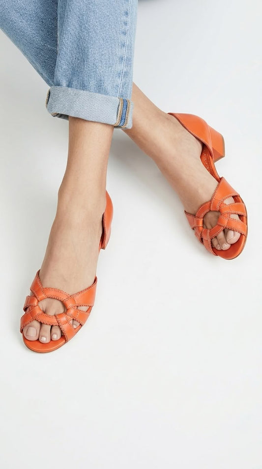 Woven Leather Open Toe D'Orsay Orange Block Heels [Pre Order]