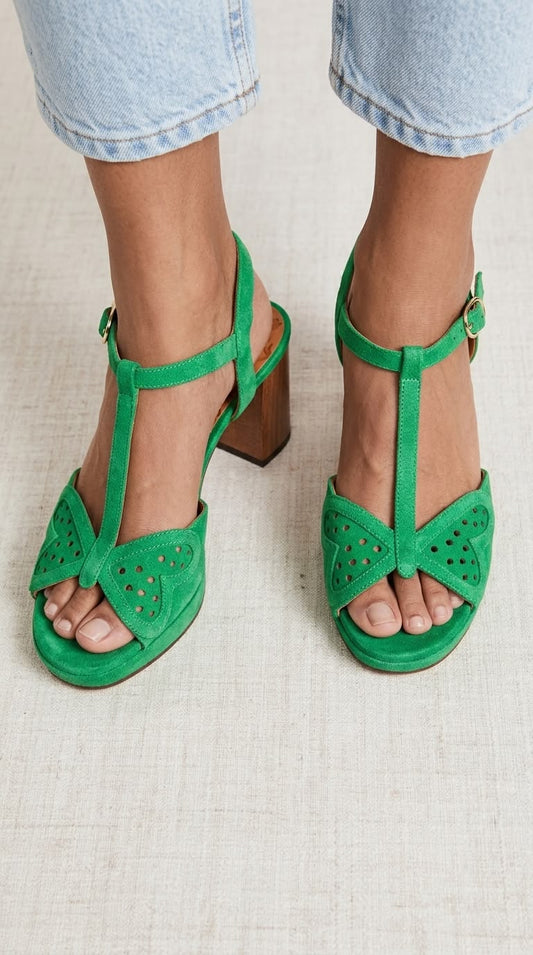 Butterfly Cutout Open Toe T-Strap Green Chunky Heels [Pre Order]