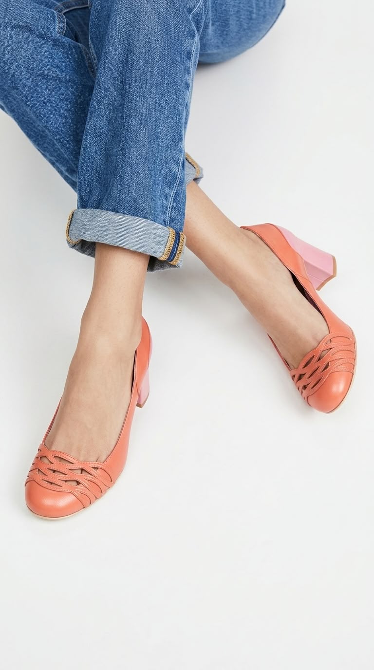 Woven Cutout Round Toe Pump Coral Chunky Heels [Pre Order]