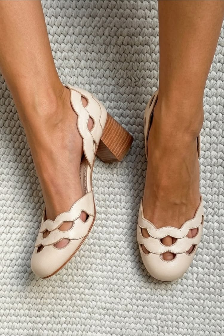 Scalloped Cutout Round Toe Closed Back Beige Chunky Heels [Pre Order]