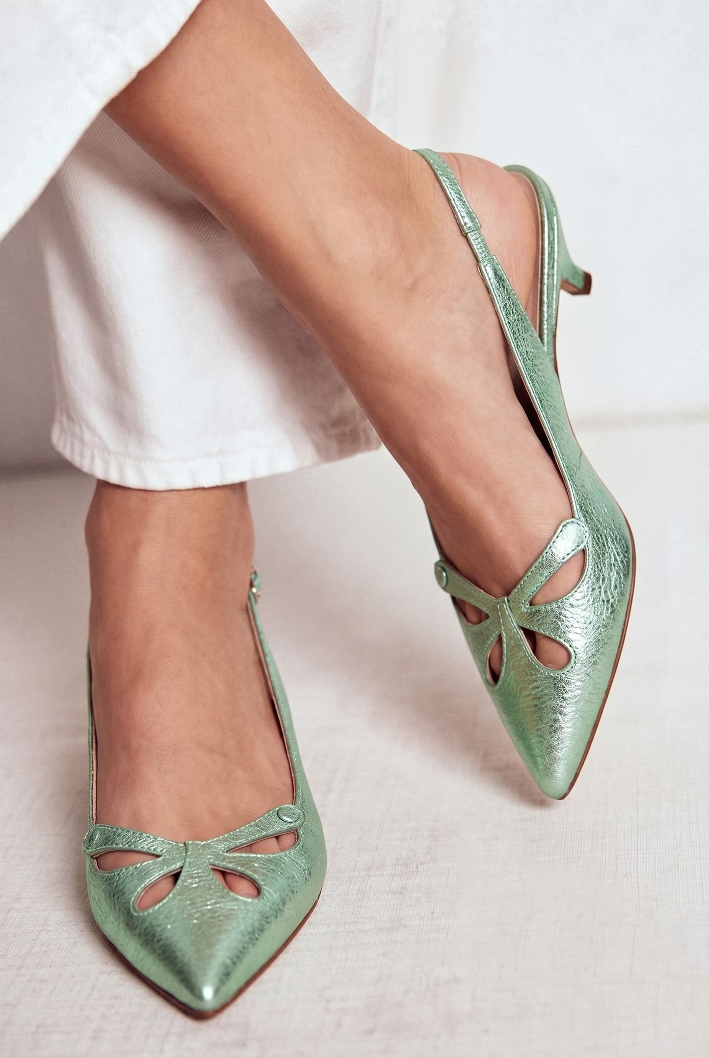 Metallic Cutout Pointed Toe Slingback Green Kitten Heels [Pre Order]
