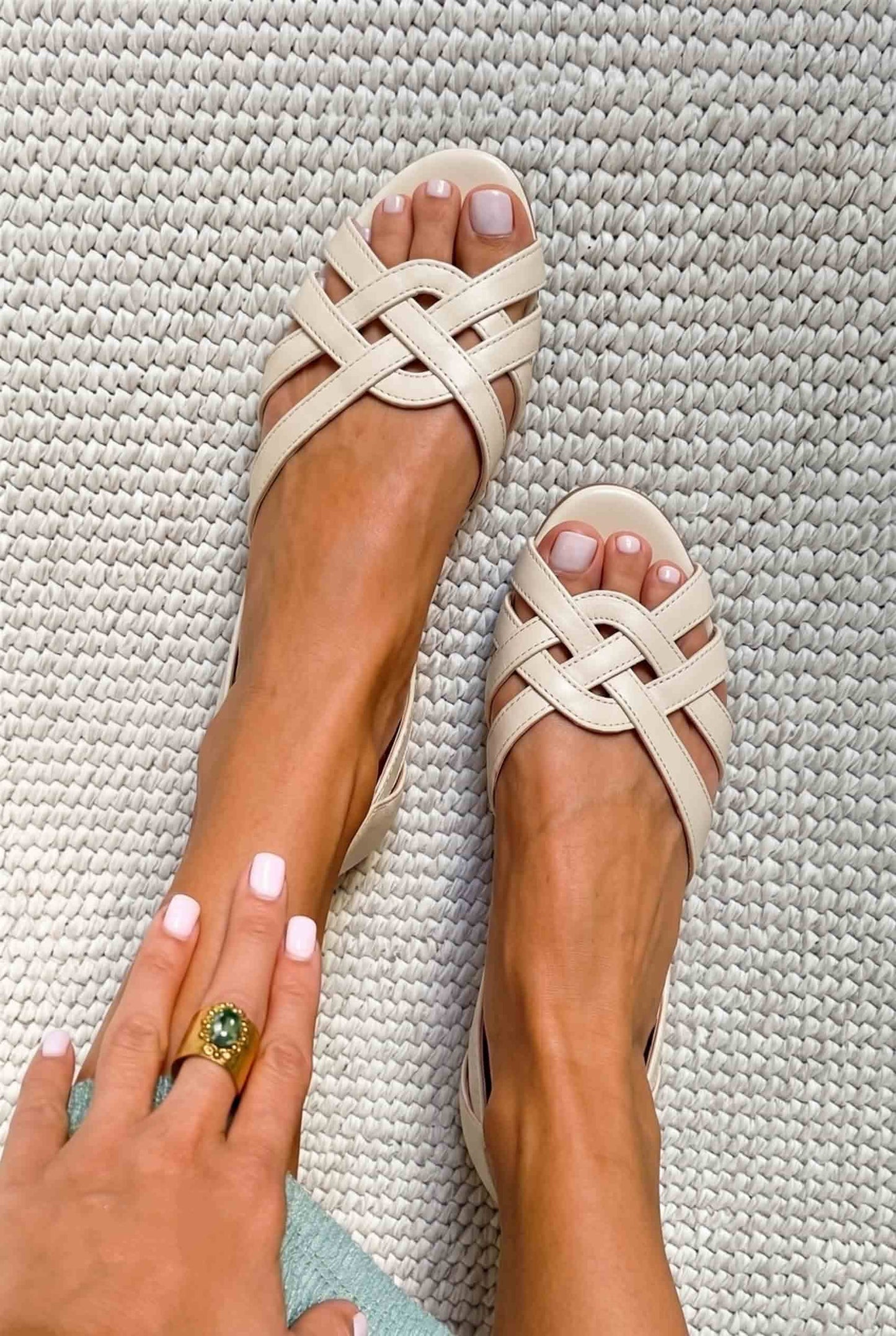Strappy Woven Open Toe Slide Cream Flat Sandals [Pre Order]