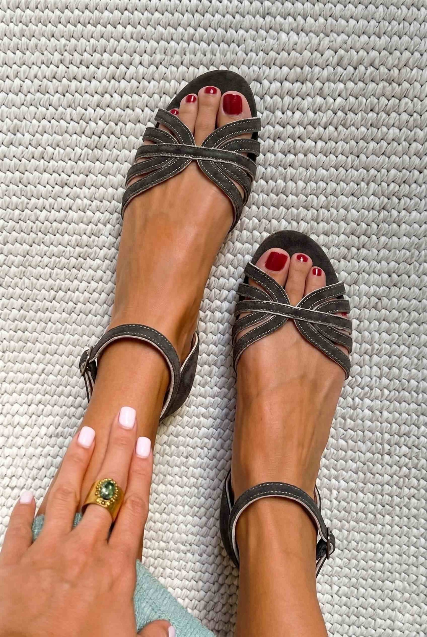 Strappy Open Toe Ankle Strap Charcoal Flat Sandals [Pre Order]