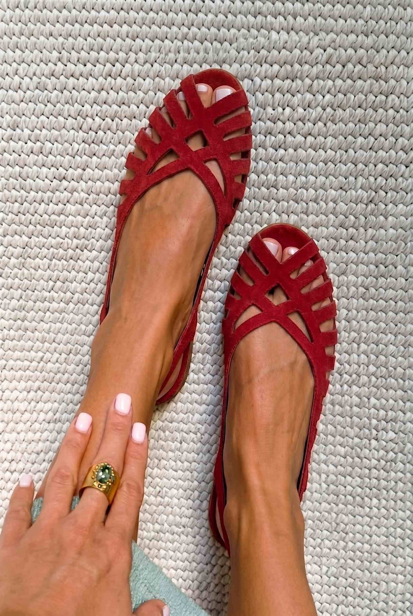 Suede Caged Closed Toe Slingback Red Flat Sandals [Pre Order]