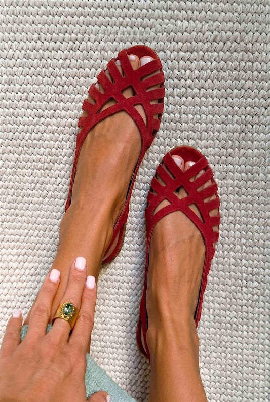 Suede Caged Closed Toe Slingback Red Flat Sandals [Pre Order]