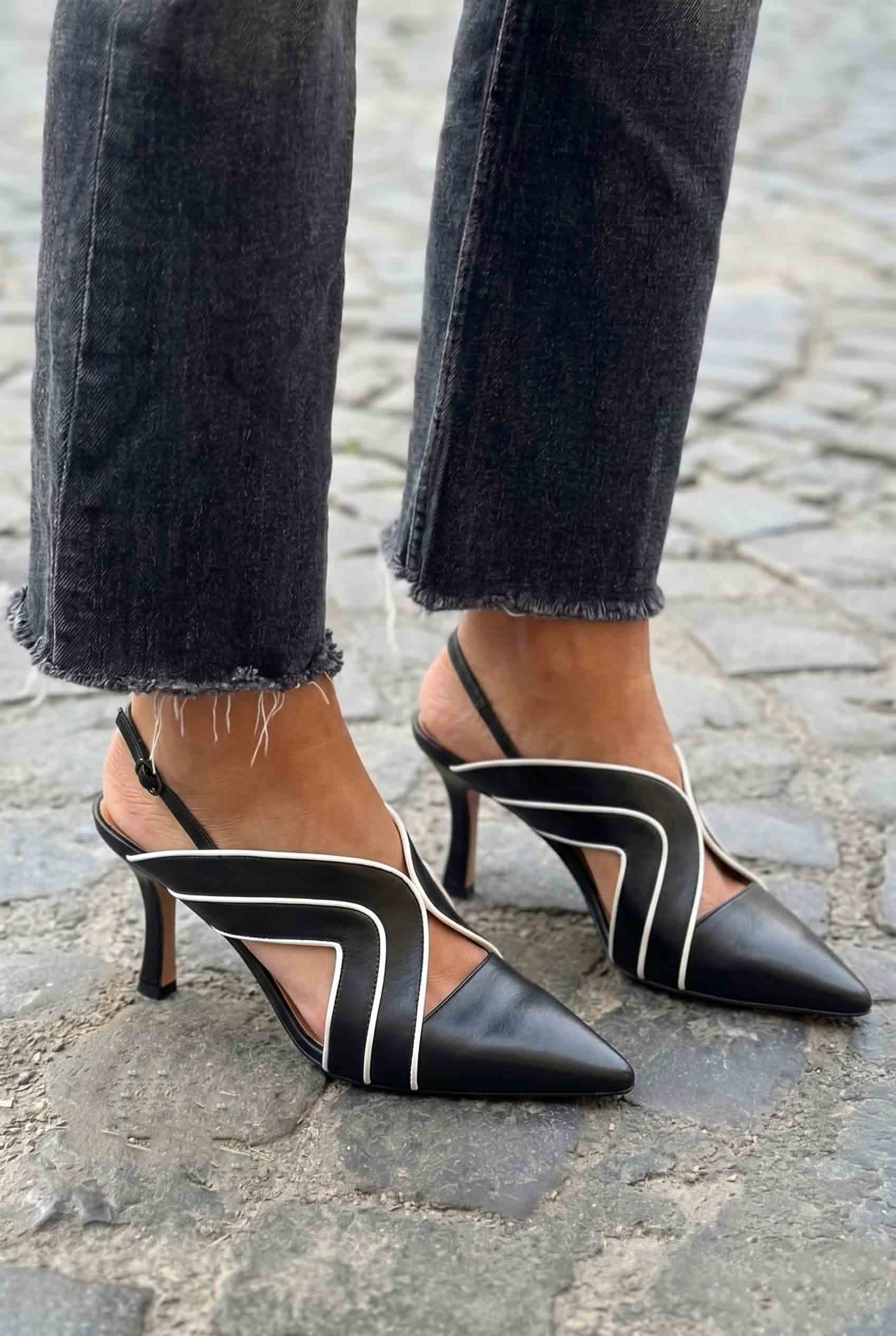 Contrast Trim Pointed Toe Slingback Black Stiletto Heels [Pre Order]