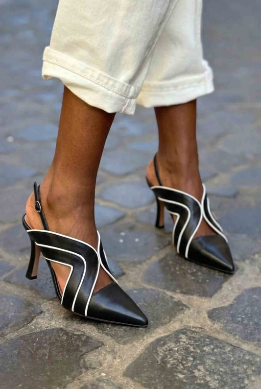 Contrast Piping Pointed Toe Slingback Black Stiletto Heels [Pre Order]