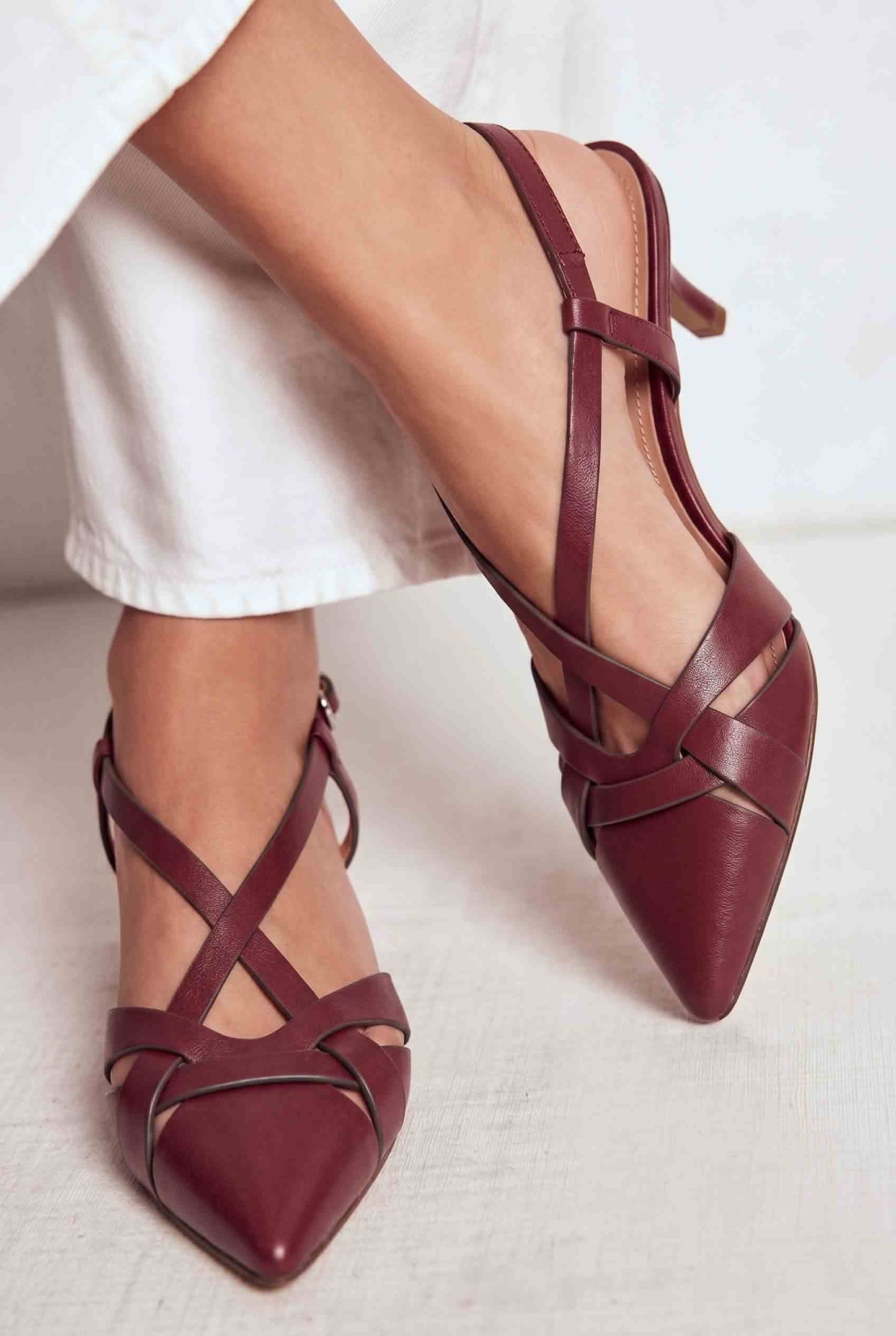 Criss Cross Pointed Toe Slingback Burgundy Kitten Heels [Pre Order]
