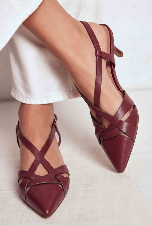 Criss Cross Pointed Toe Slingback Burgundy Kitten Heels [Pre Order]