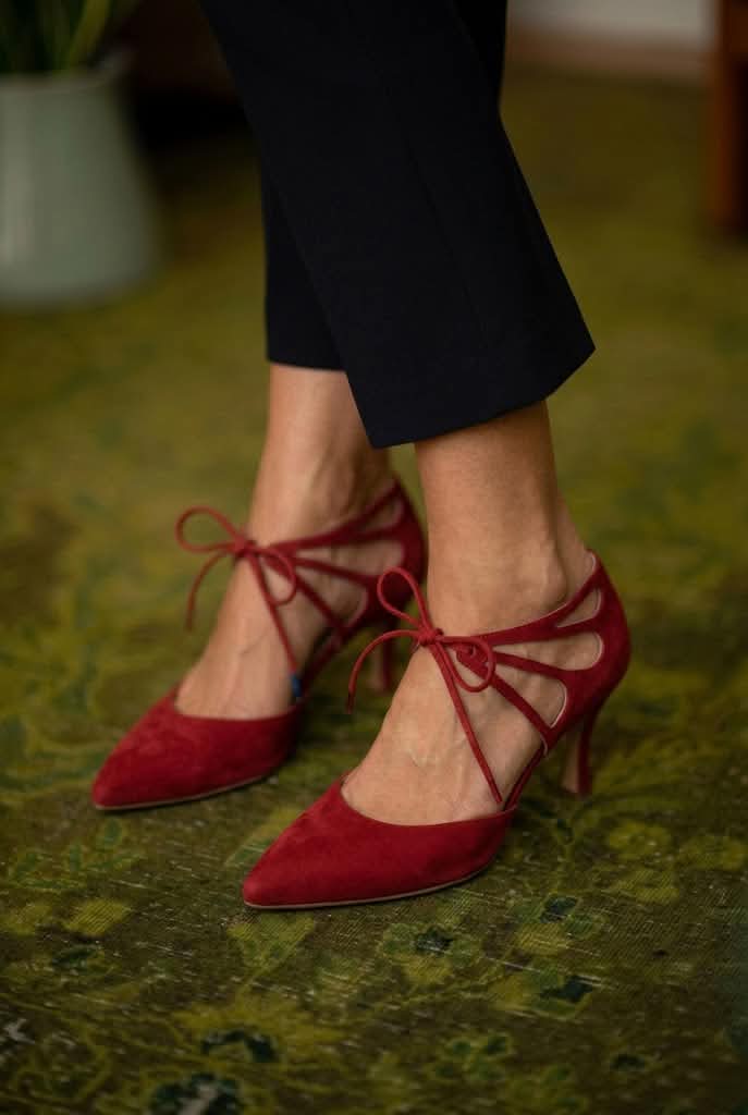 Solid Suede Pointed Toe Lace-up Red Kitten Heels [Pre Order]