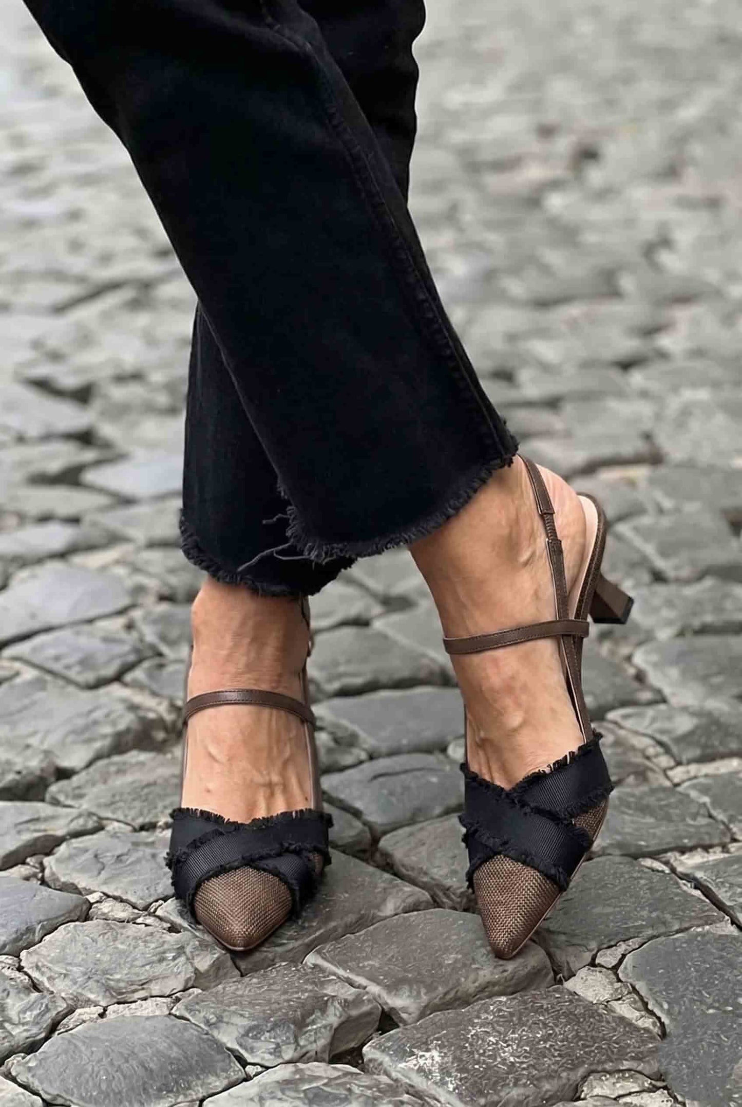 Frayed Ribbon Pointed Toe Slingback Black Brown Kitten Heels [Pre Order]