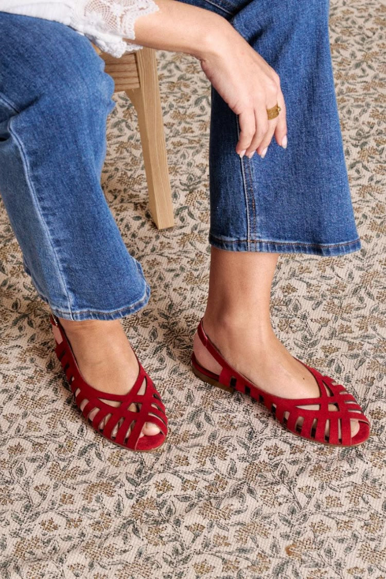 Strappy Cutout Peep Toe Slingback Red Suede Flats [Pre Order]
