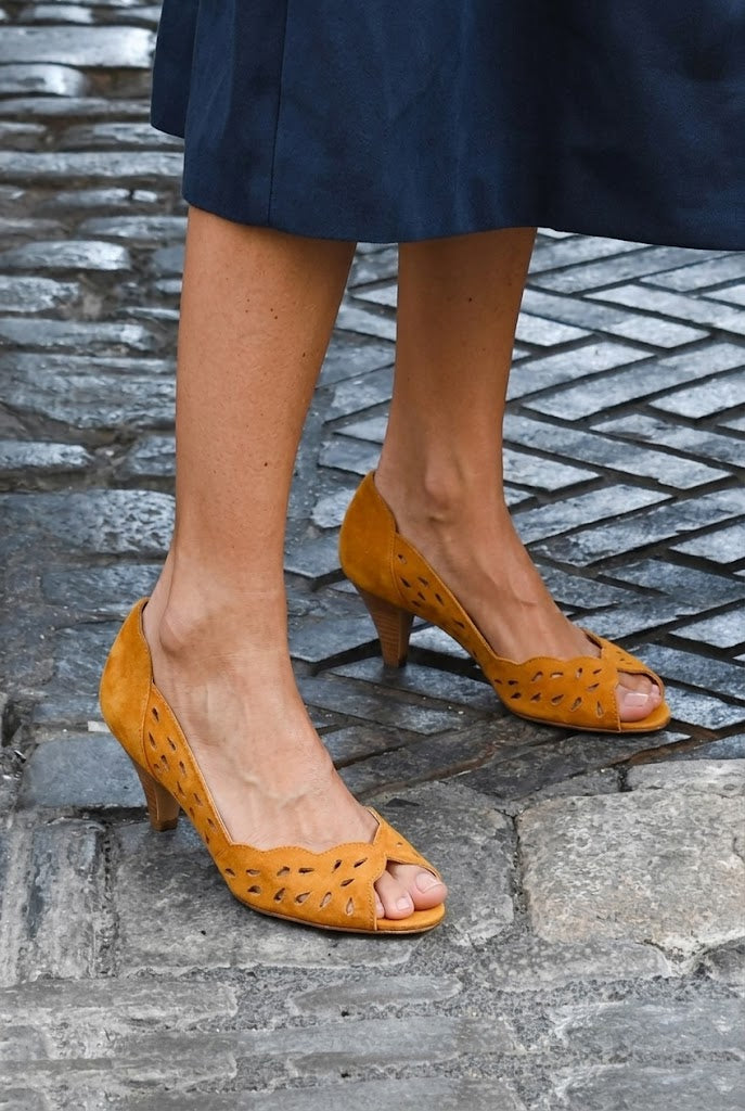 Laser Cut Peep Toe Pump Mustard Mid Heels [Pre Order]