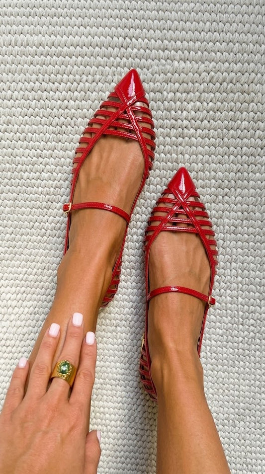 Patent Leather Pointed Toe Mary Jane Red Flats [Pre Order]