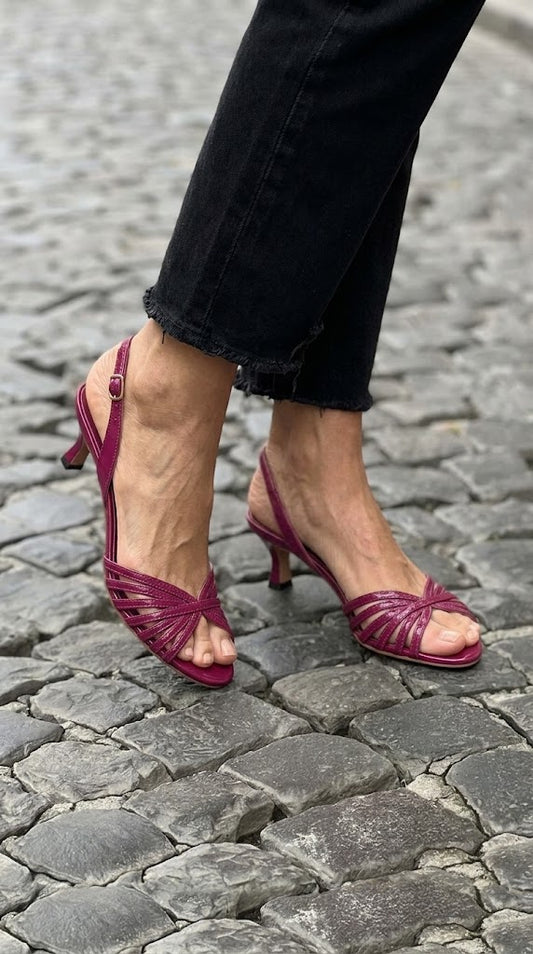 Multi Strap Open Toe Slingback Magenta Kitten Heels [Pre Order]