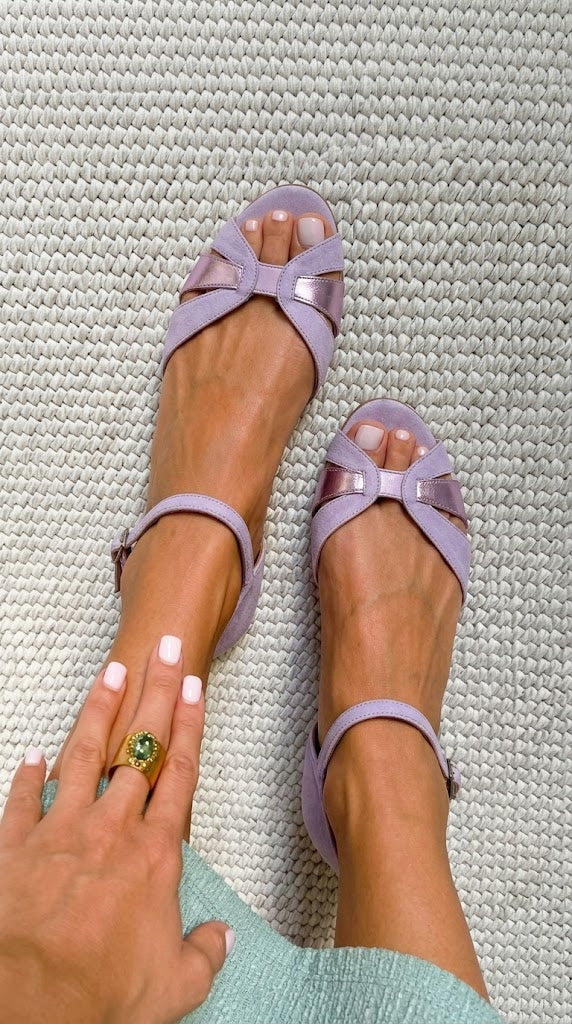 Metallic Suede Open Toe Ankle Strap Lilac Block Heels [Pre Order]