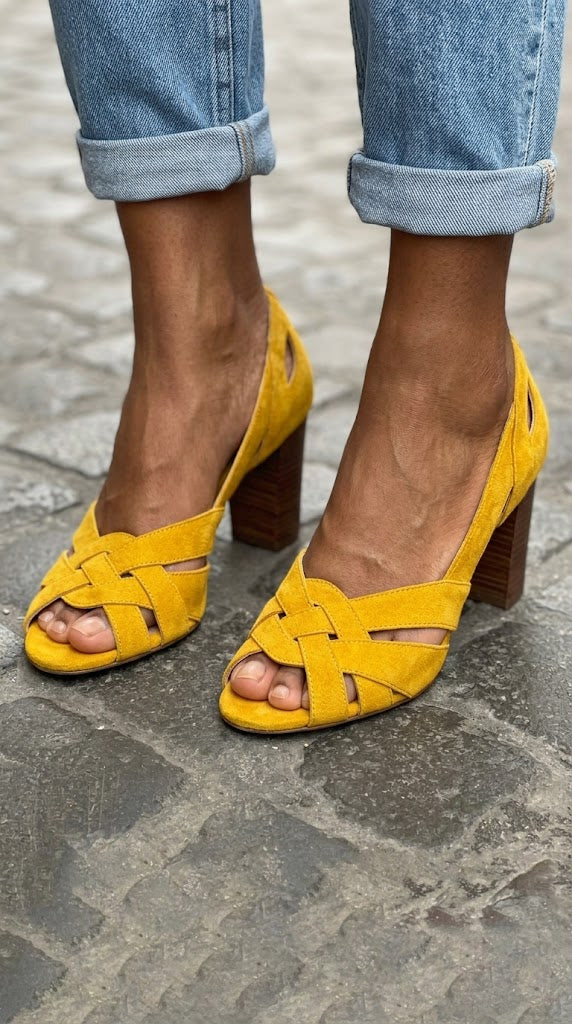 Woven Suede Peep Toe Cutout Mustard Block Heels [Pre Order]