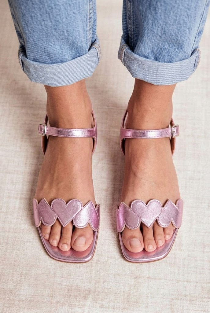 Heart Detail Open Toe Ankle Strap Metallic Pink Heels [Pre Order]