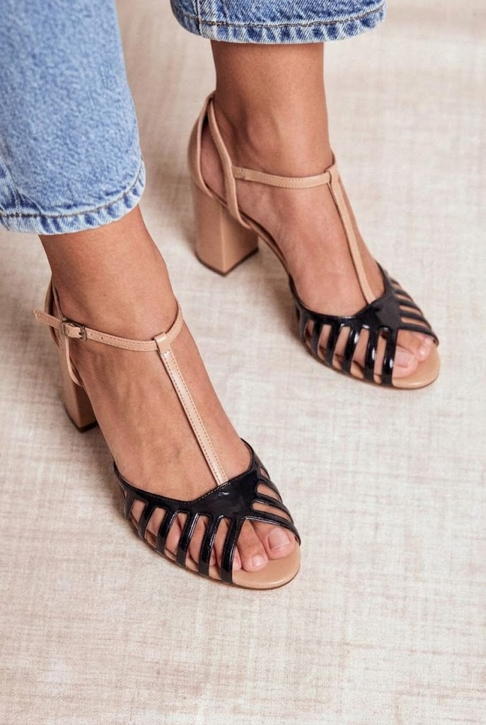 Black Patent Peep Toe T-Strap Beige Chunky Heels [Pre Order]