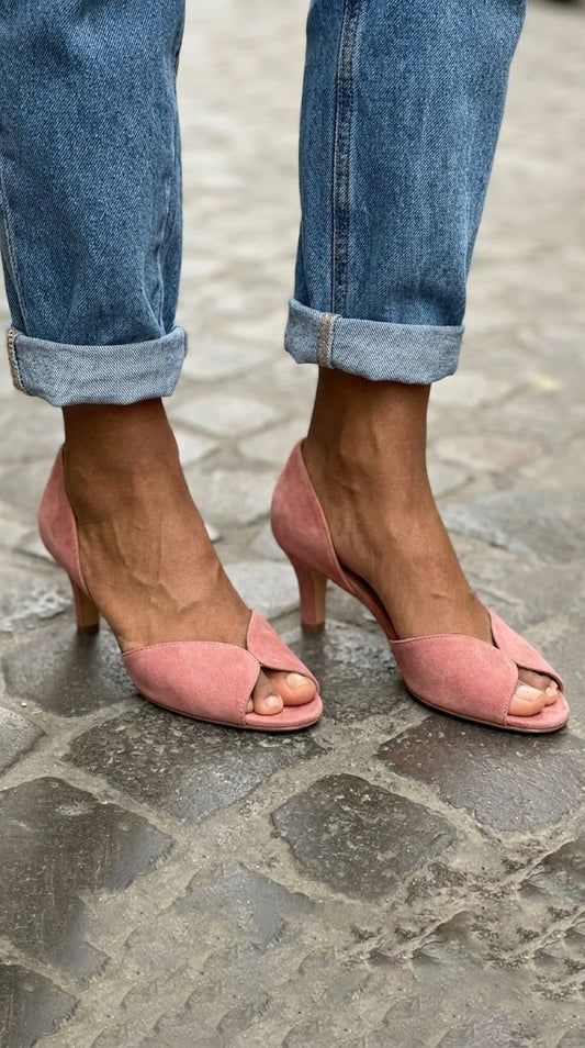 Faux Suede Peep Toe D'Orsay Pink Kitten Heels [Pre Order]