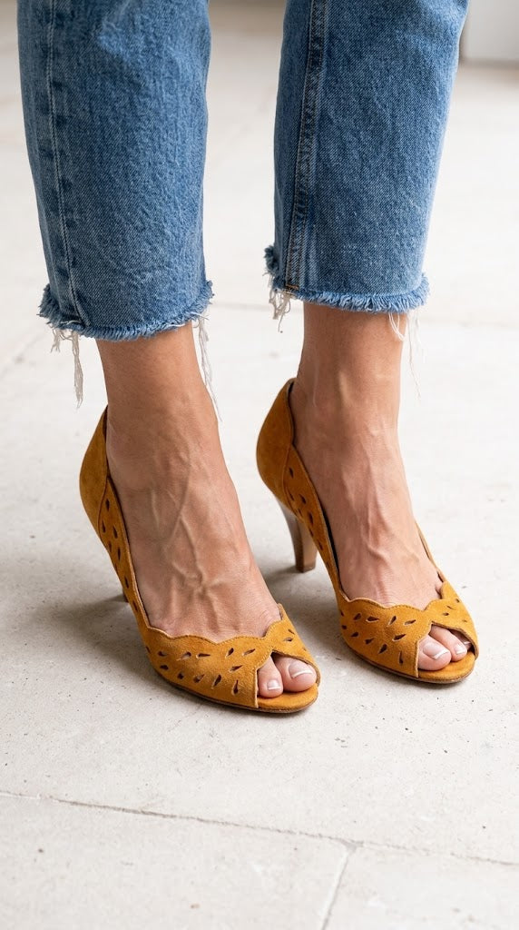 Scalloped Cutout Peep Toe Closed Back Mustard Heels [Pre Order]