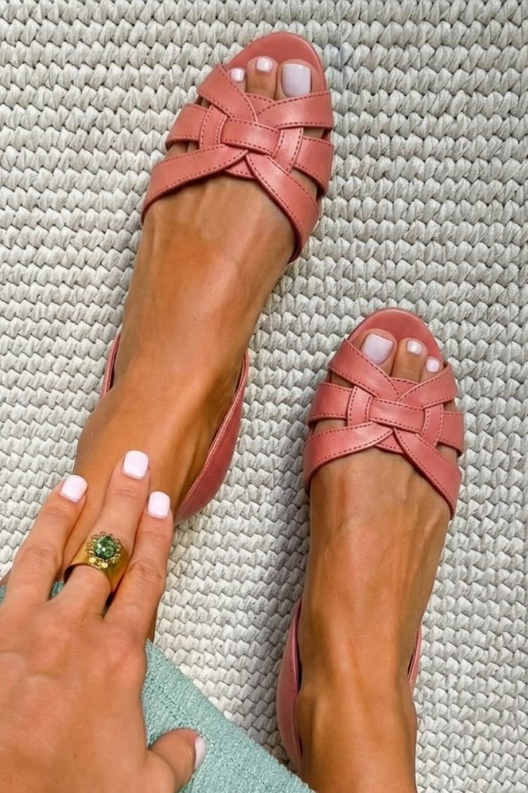 Woven Strappy Open Toe Closed Back Pink Flats [Pre Order]