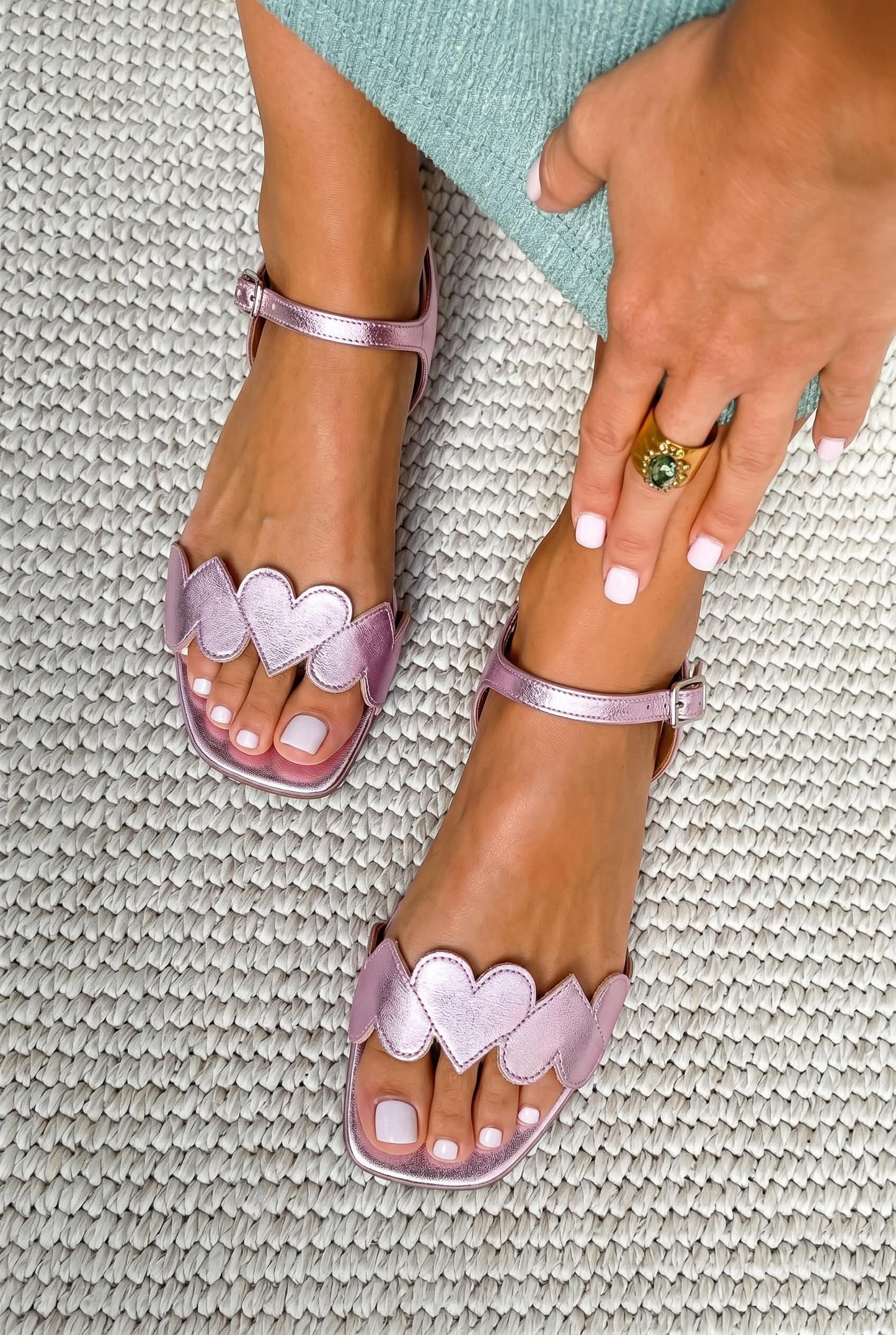 Heart Detail Square Toe Ankle Strap Metallic Pink Flat Sandals [Pre Order]
