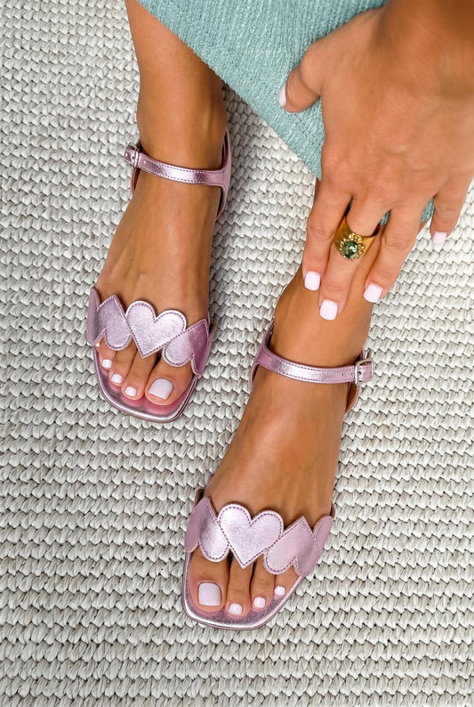 Heart Detail Square Toe Ankle Strap Metallic Pink Flat Sandals [Pre Order]