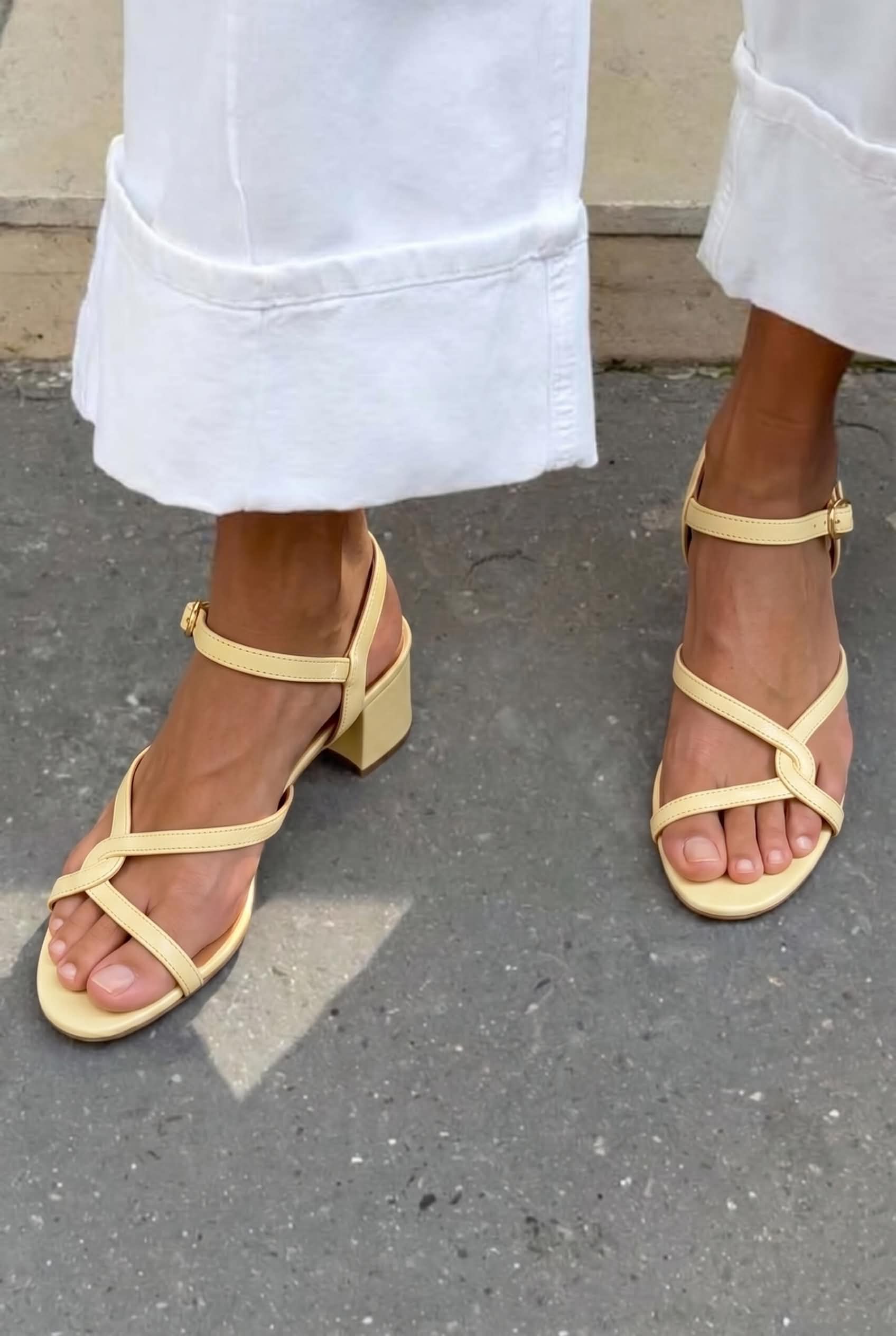 Strappy Open Toe Ankle Strap Pale Yellow Block Heels [Pre Order]