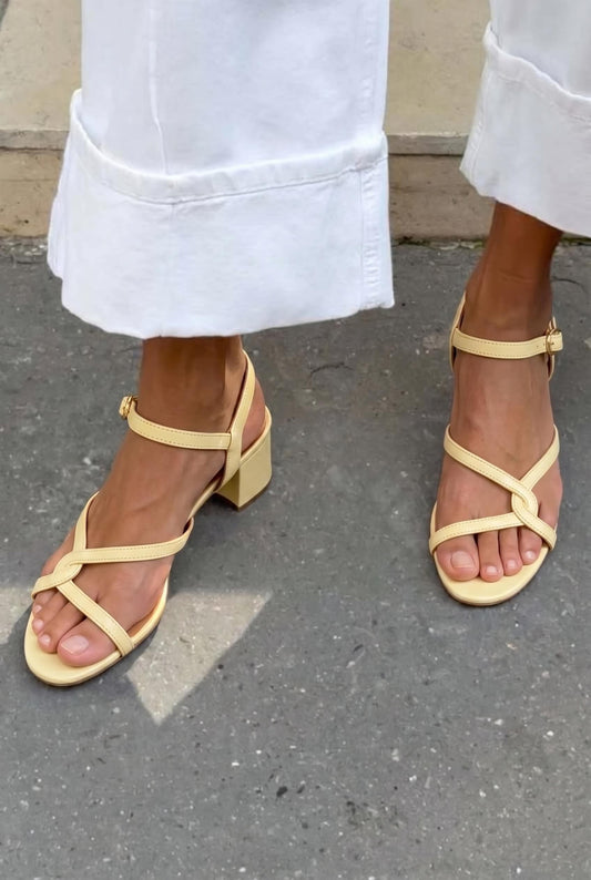 Strappy Open Toe Ankle Strap Pale Yellow Block Heels [Pre Order]