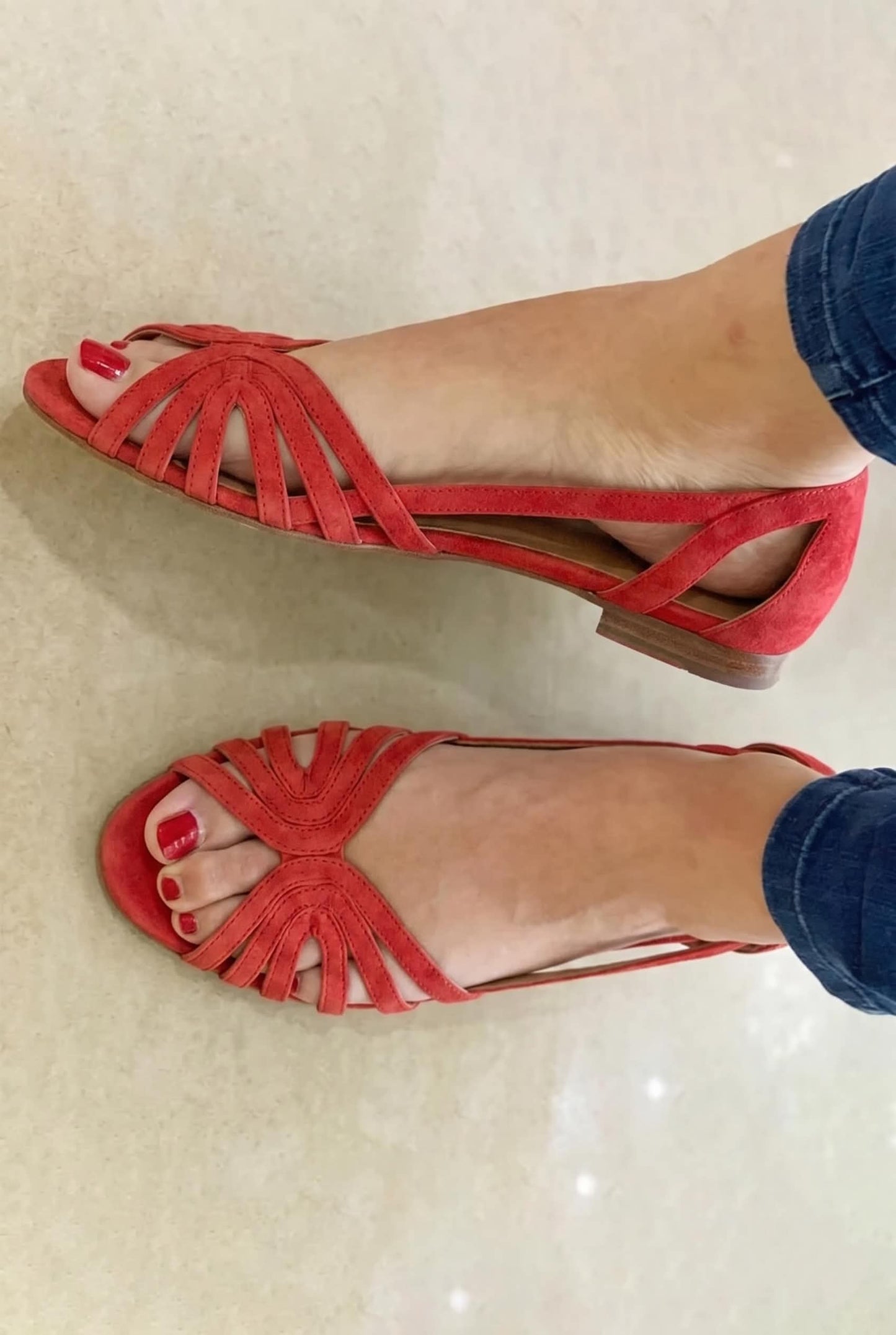 Strappy Suede Peep Toe Cutout Red Flat Sandals [Pre Order]