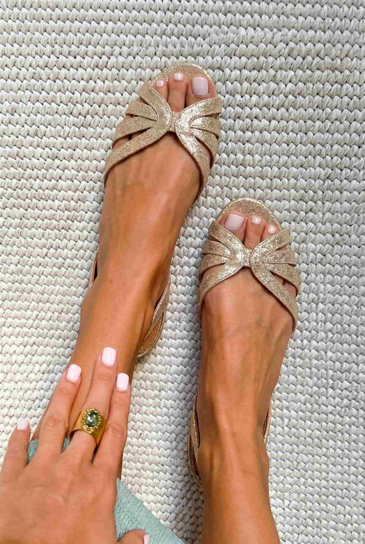 Metallic Strappy Open Toe Slingback Gold Flat Sandals [Pre Order]