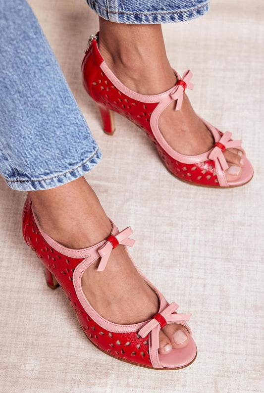 Cutout Bow Peep Toe Mary Jane Red Kitten Heels [Pre Order]