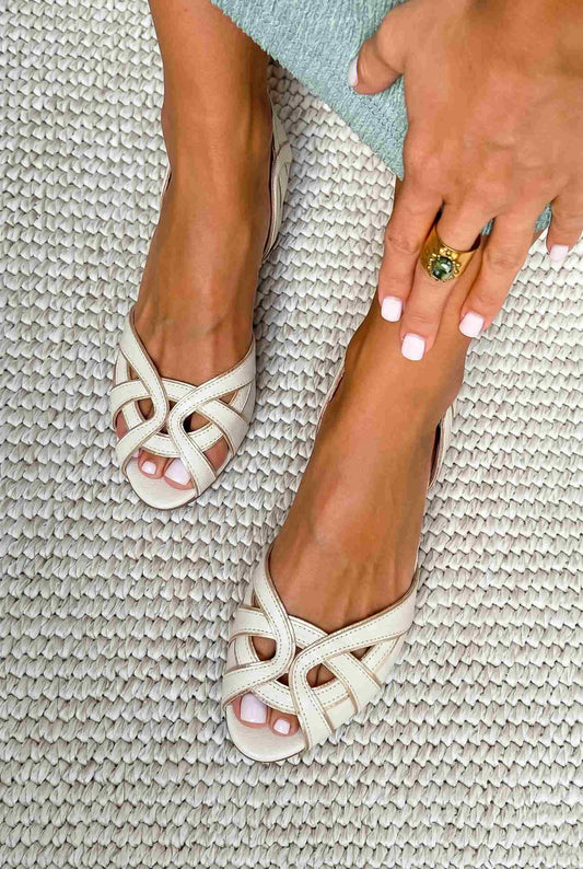 Strappy Cutout Peep Toe Slingback White Flat Sandals [Pre Order]