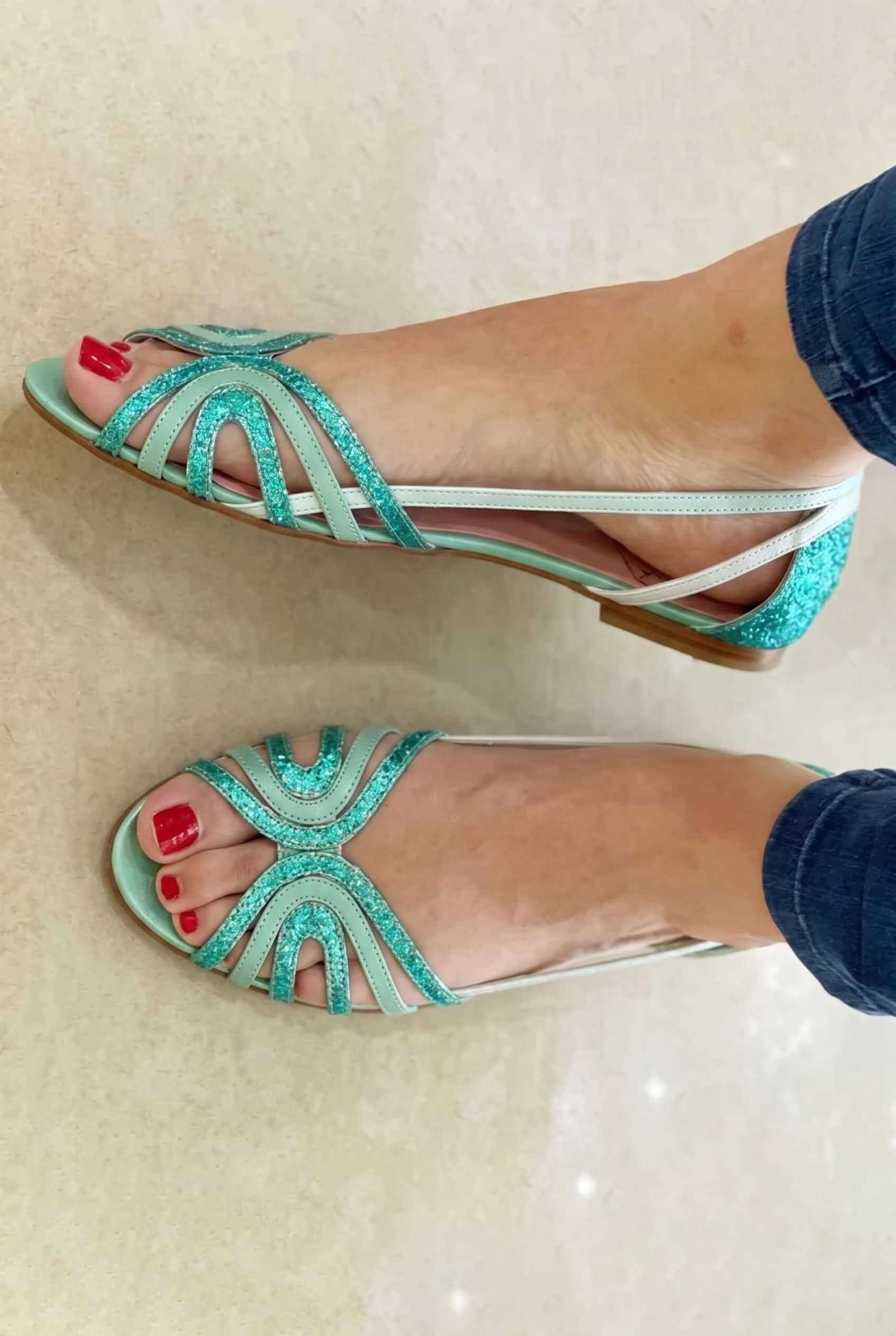Glitter Strappy Open Toe Slingback Mint Green Flats [Pre Order]