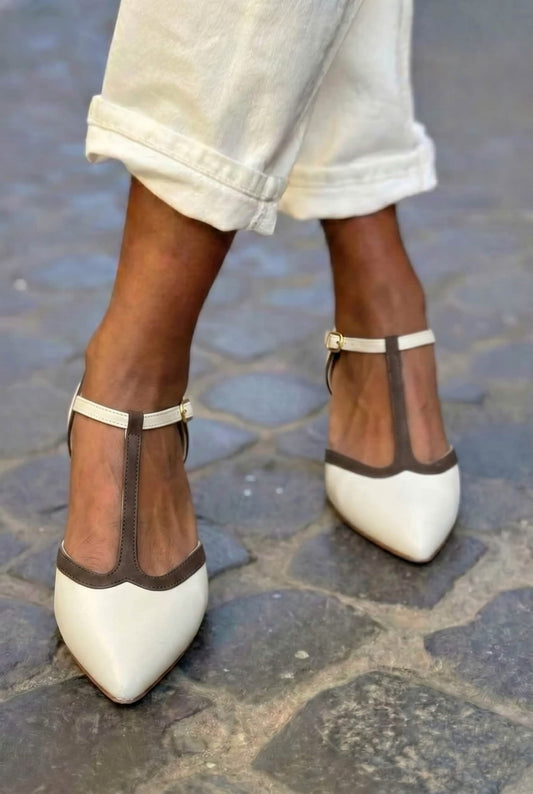 Two Tone Pointed Toe T-Strap Cream Brown Heels [Pre Order]