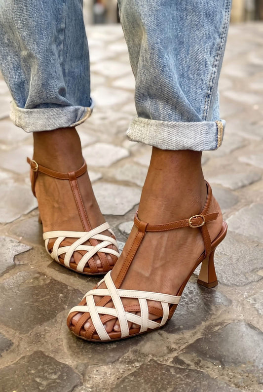 Two Tone Woven Toe T-Strap Tan Flared Heels [Pre Order]
