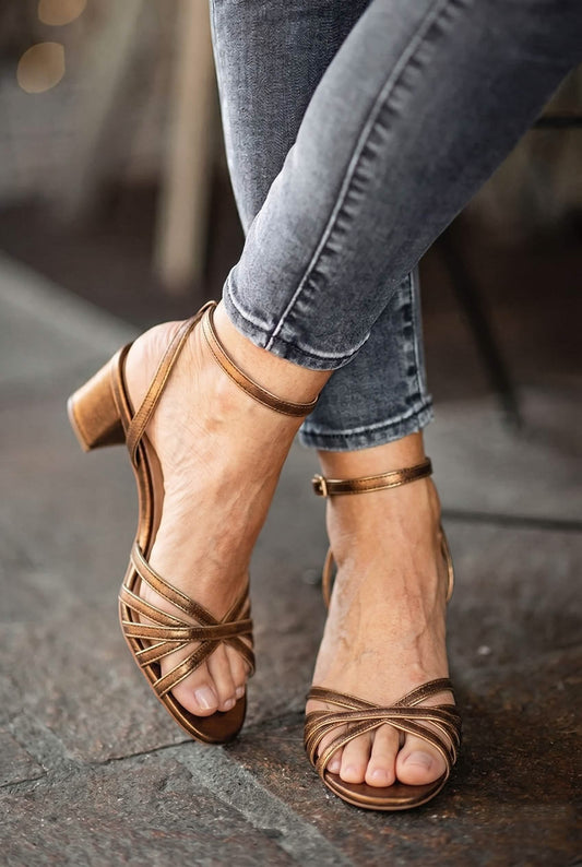 Metallic Strappy Open Toe Ankle Strap Bronze Block Heels [Pre Order]