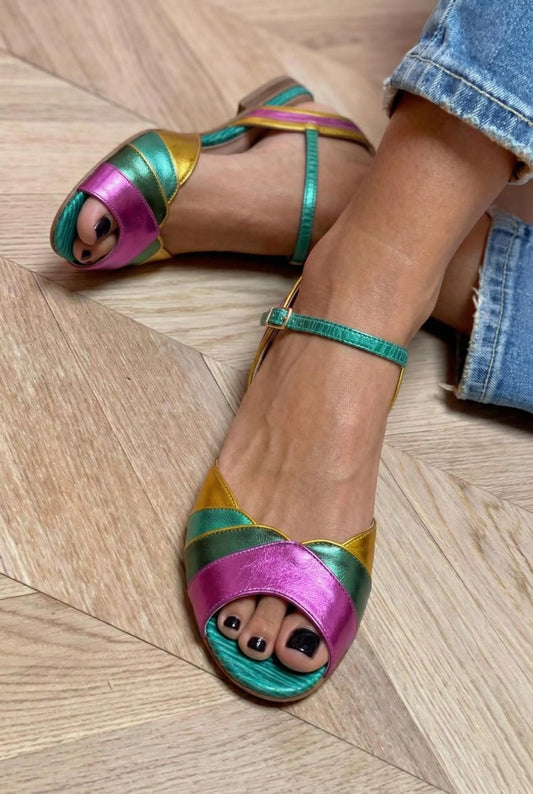 Metallic Colorblock Peep Toe Ankle Strap Multicolor Flat Sandals [Pre Order]