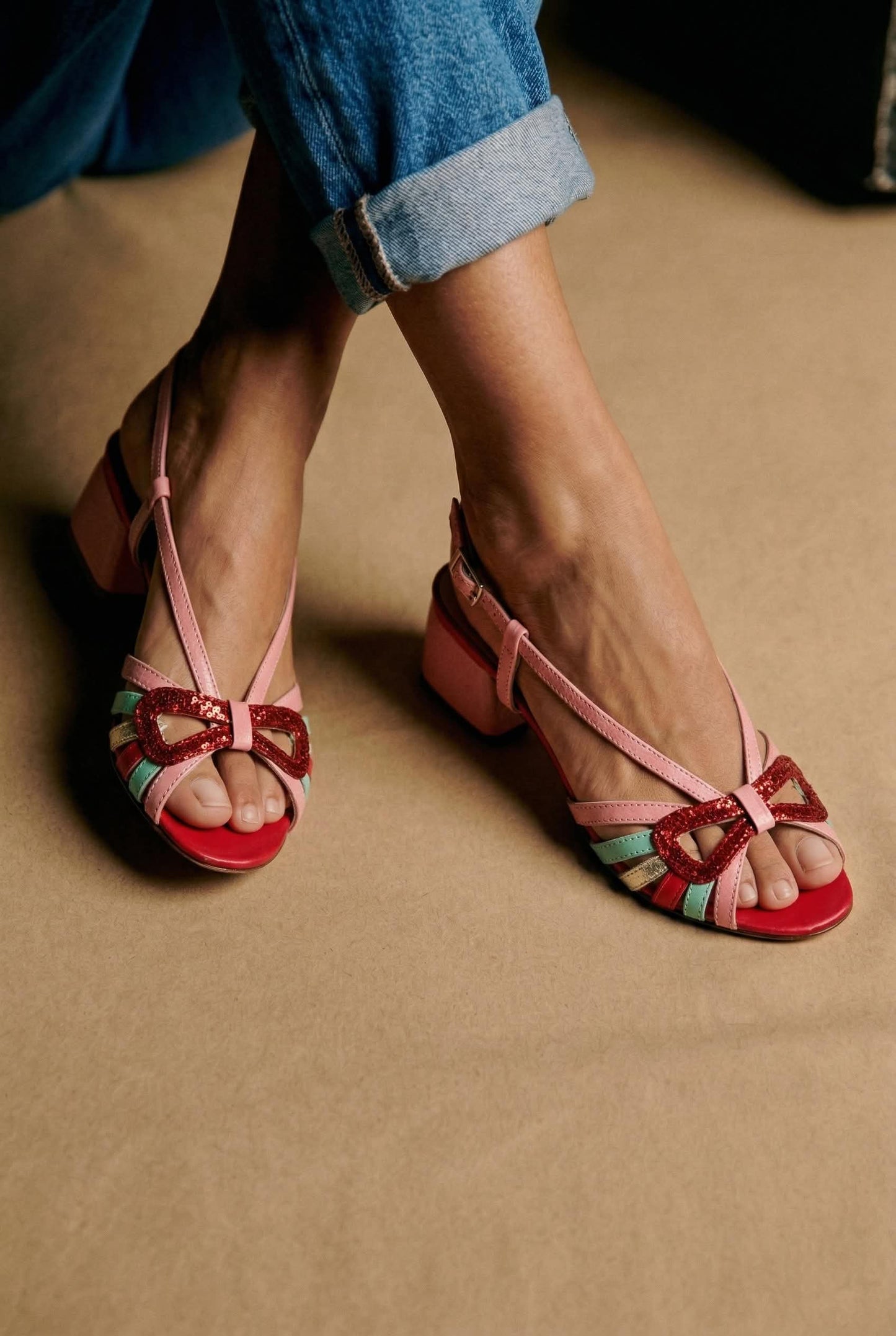 Glitter Bow Open Toe Slingback Pink Chunky Heels [Pre Order]