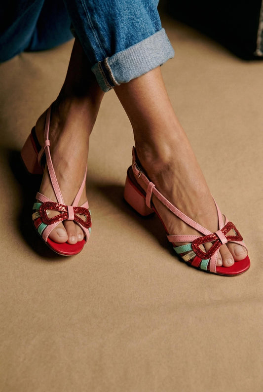 Glitter Bow Open Toe Slingback Pink Chunky Heels [Pre Order]