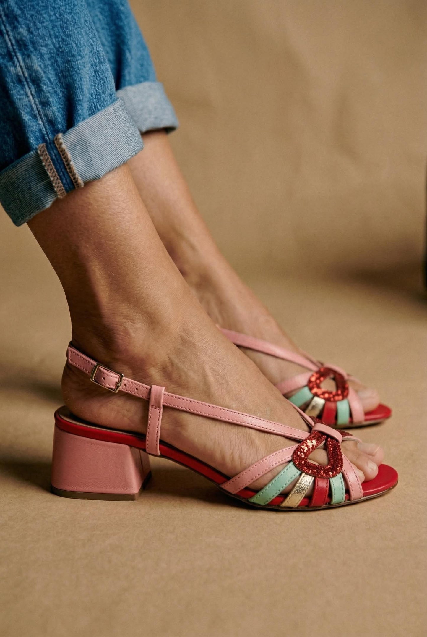 Multicolor Strappy Open Toe Slingback Pink Block Heels [Pre Order]
