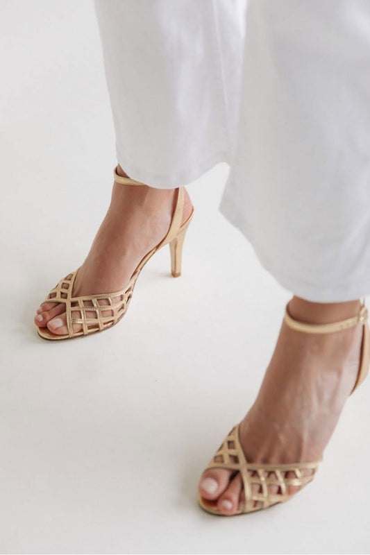 Caged Cutout Open Toe Ankle Strap Gold Stiletto Heels [Pre Order]