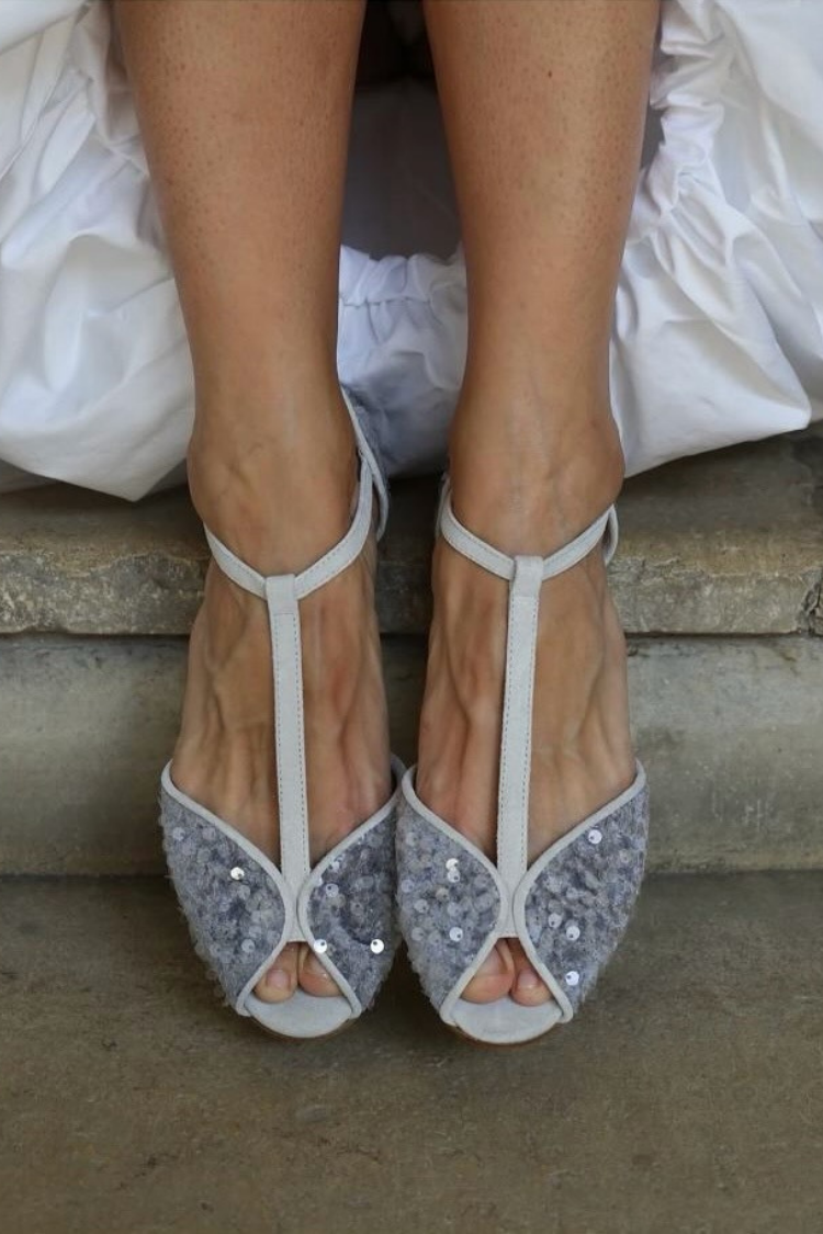 Silver Sequin Peep Toe T-Strap Grey Evening Heels [Pre Order]