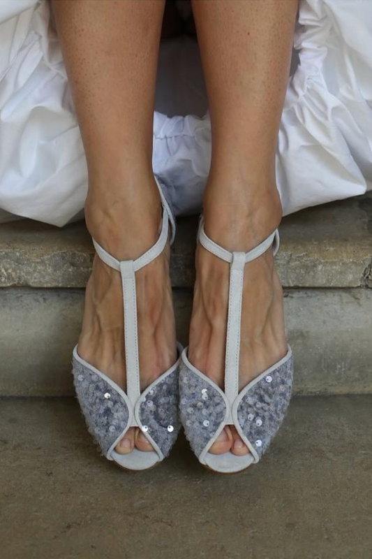 Silver Sequin Peep Toe T-Strap Grey Evening Heels [Pre Order]
